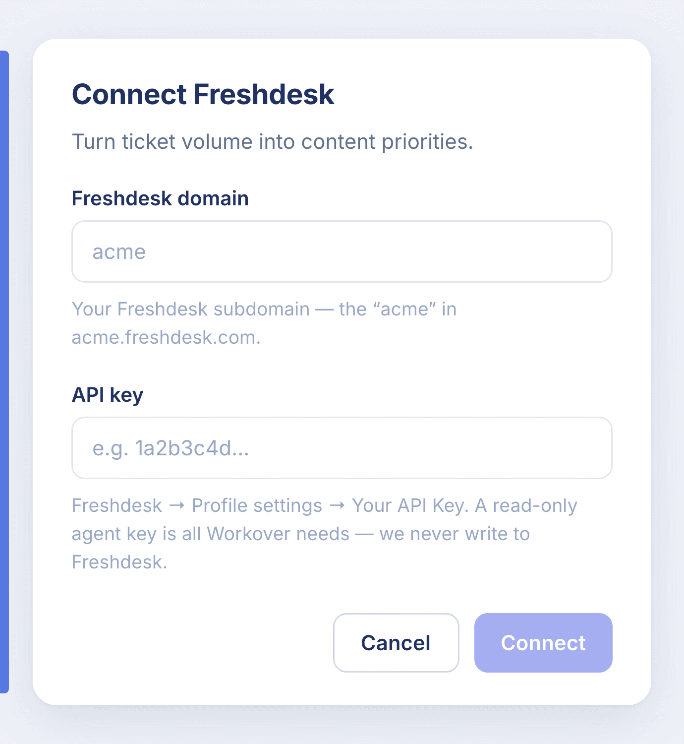 The Connect Freshdesk dialog in Workover with domain and API key fields