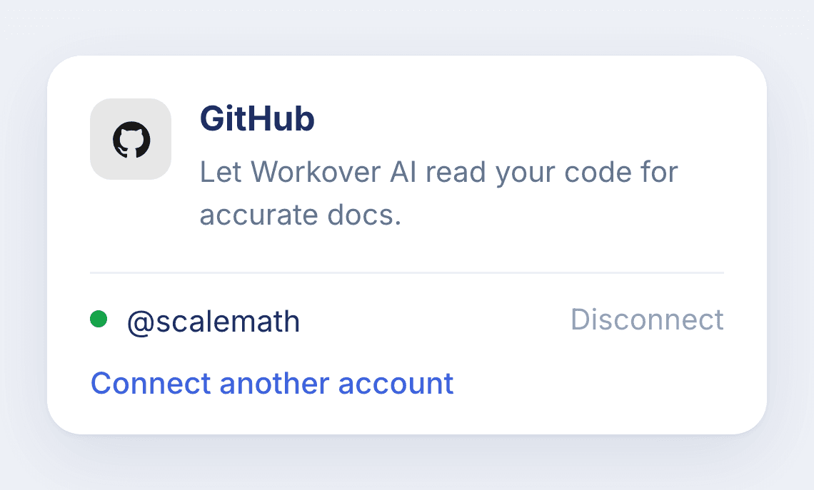 The GitHub integration card in Workover showing a connected organization account