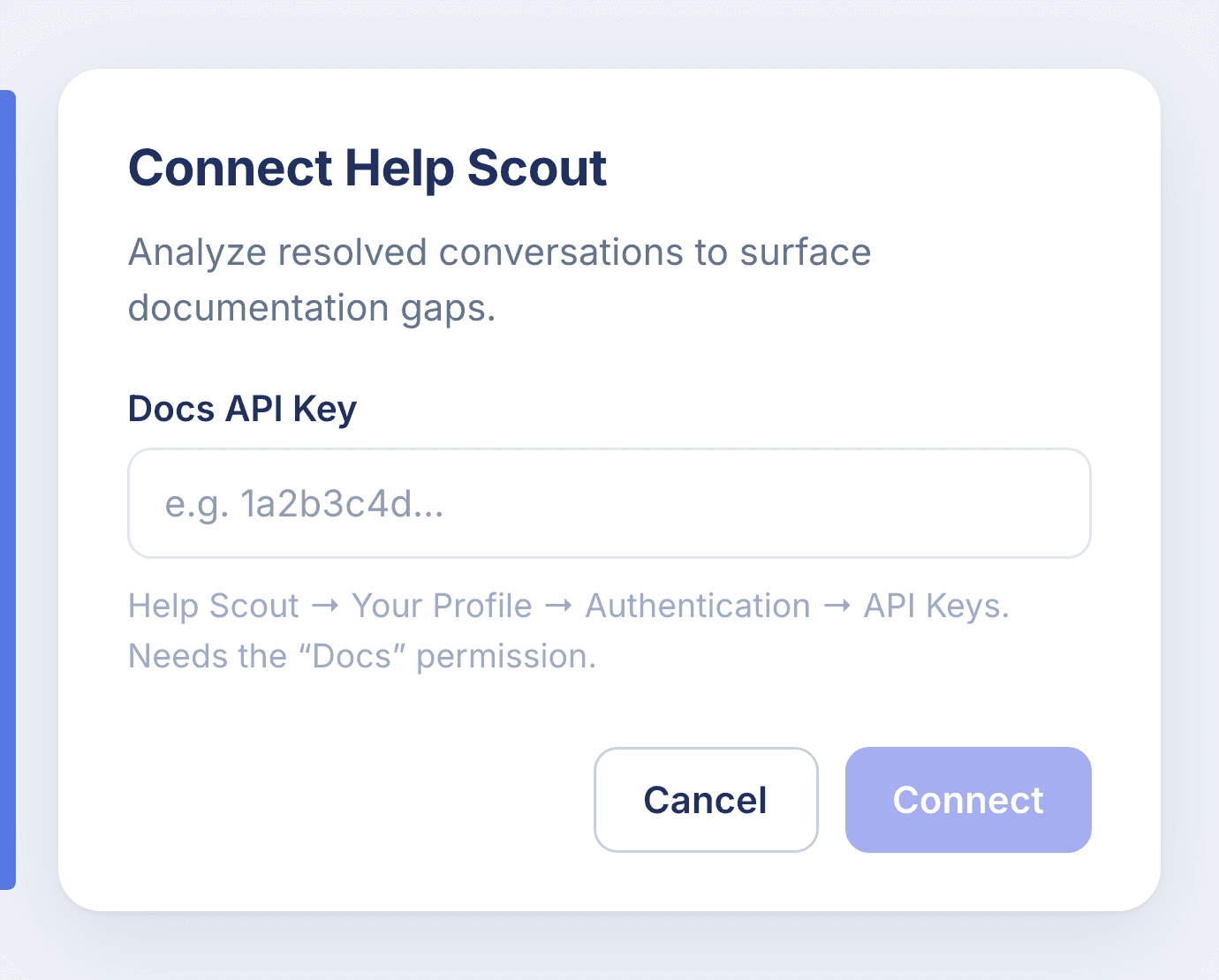 The Connect Help Scout dialog in Workover with the Docs API Key field