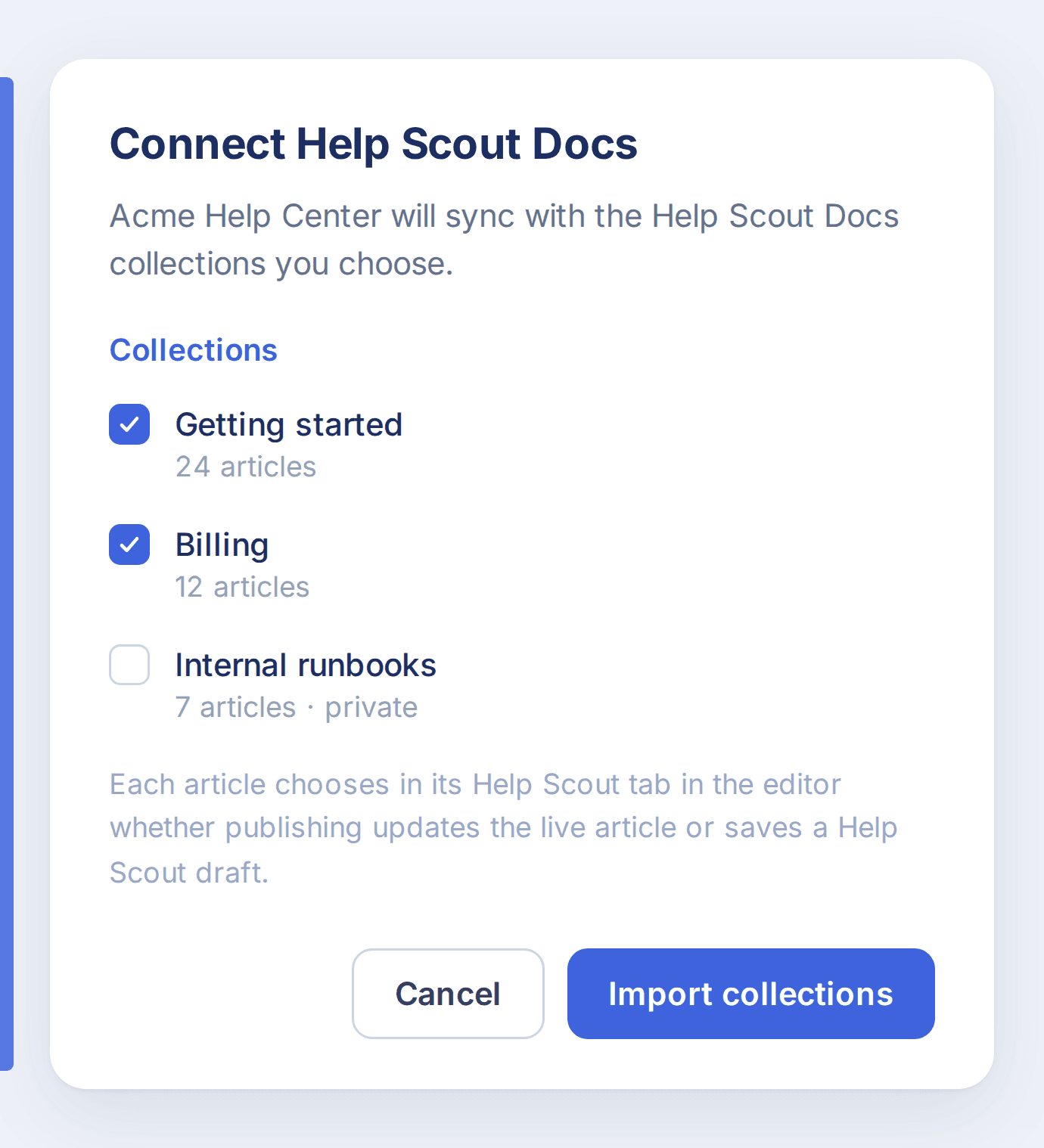 The Connect Help Scout Docs dialog in Workover, with the collections to sync ticked and an Import collections button