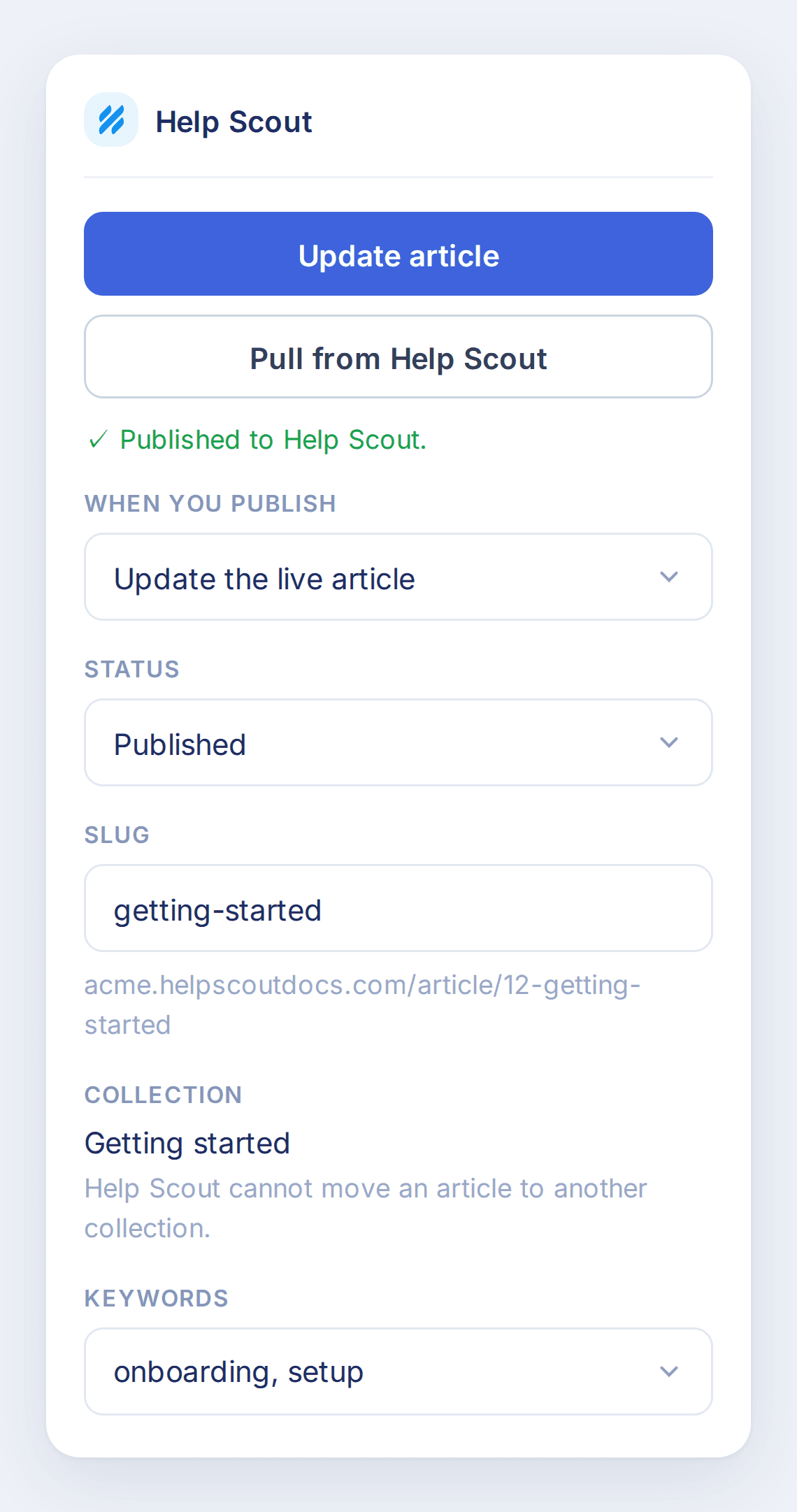 The Help Scout tab in the Workover editor, with Update article, When you publish, Status, Slug, and Collection