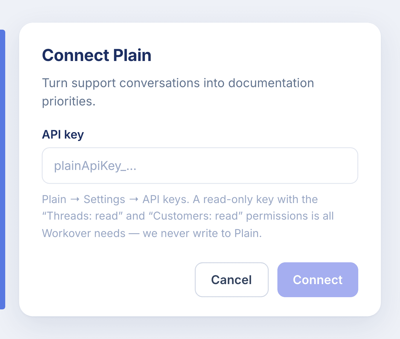 The Connect Plain dialog in Workover with the API key field and permission guidance