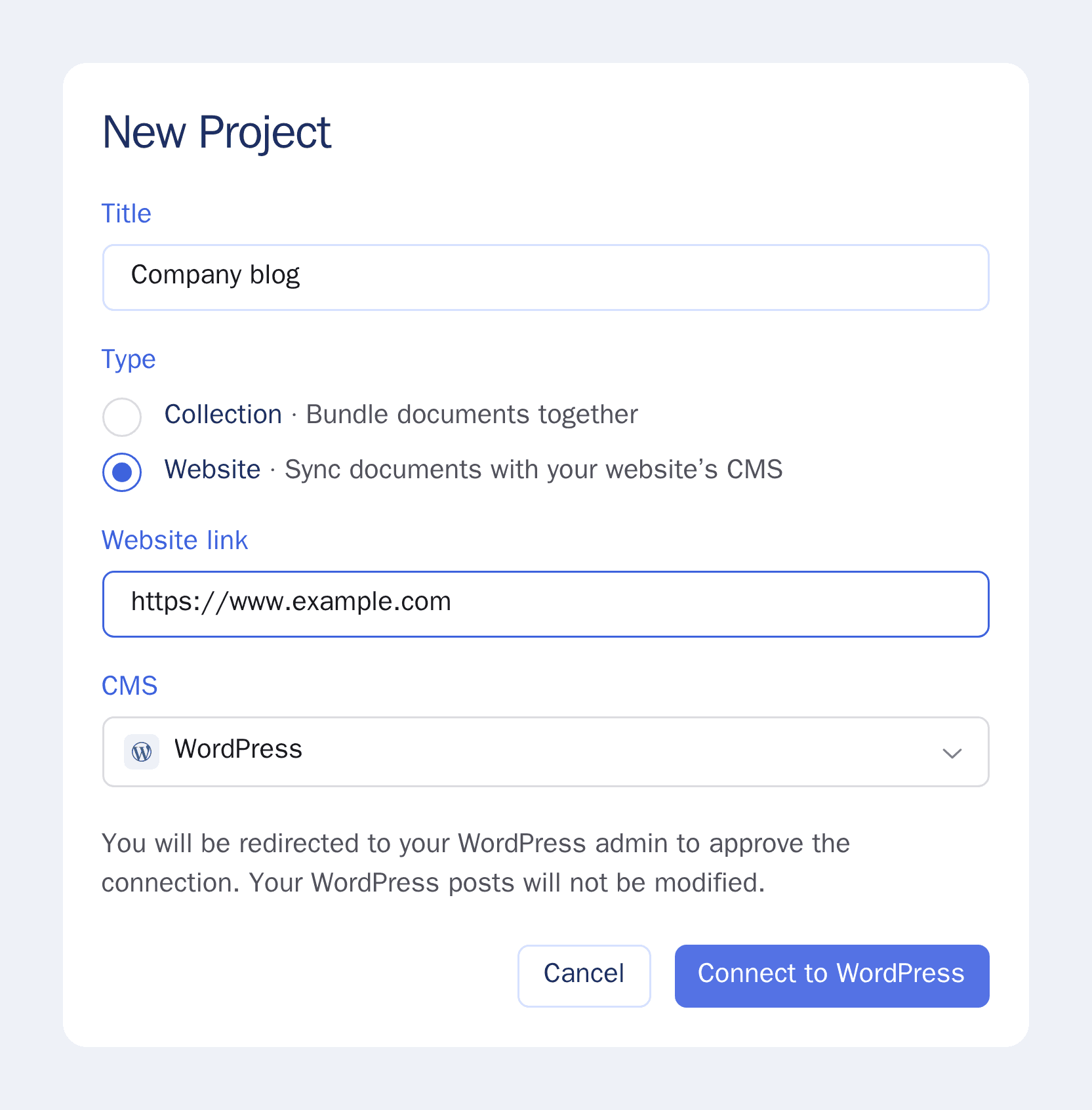 The New Project panel in Workover with Website selected, a Website link, WordPress as the CMS and the Connect to WordPress button