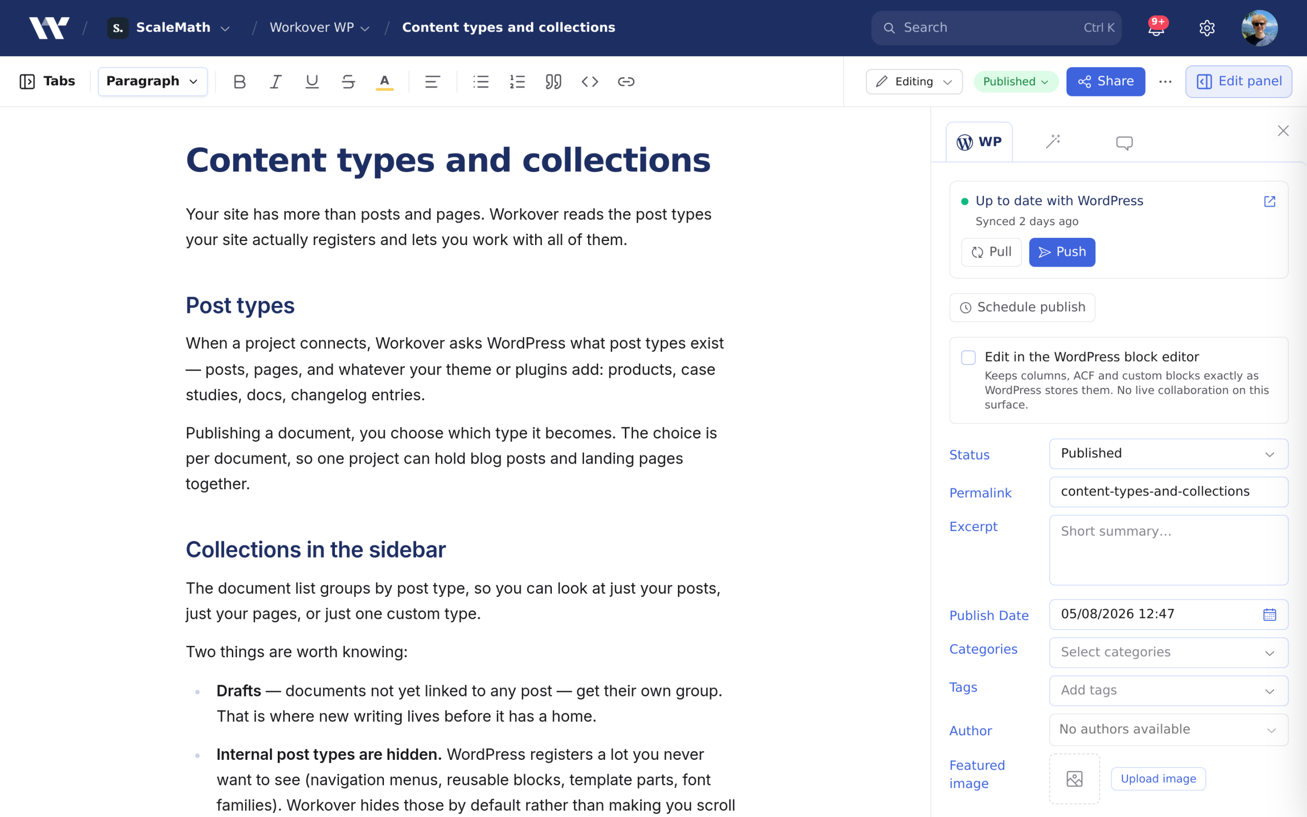 The "Before you push…" dialog with Pull latest, Overwrite anyway and Cancel options