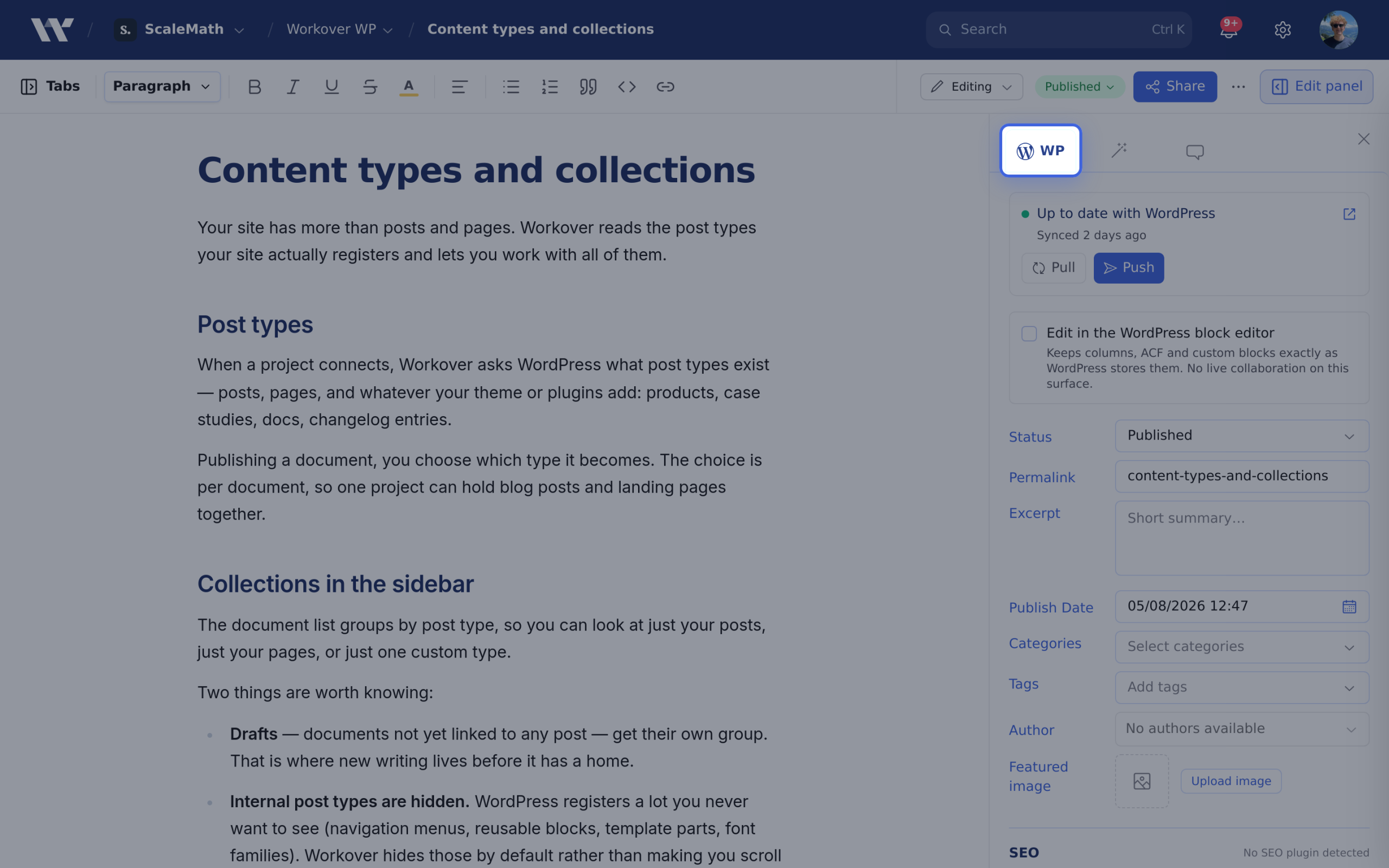The document editor showing the WordPress tab in the right-hand sidebar