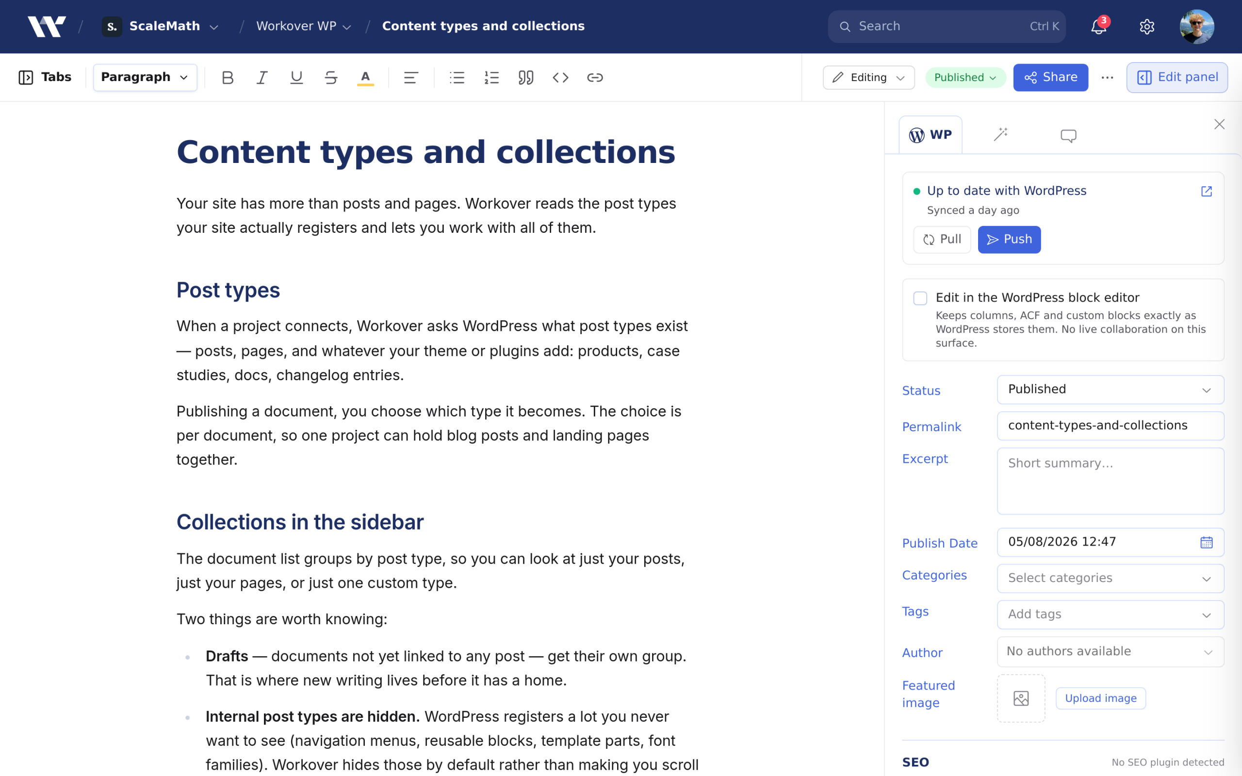 The document editor with the WP tab in the right-hand sidebar