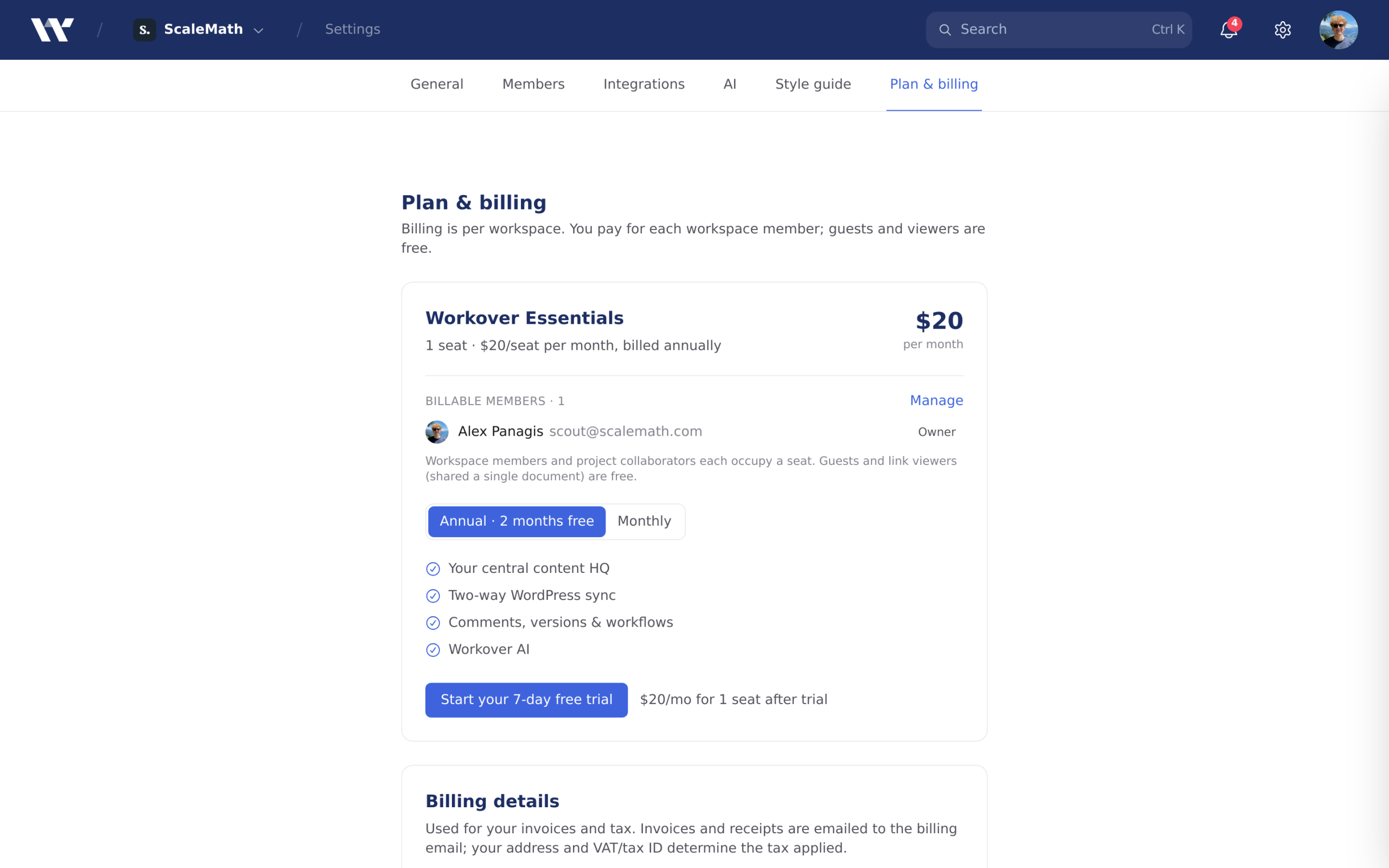 The Plan & billing screen showing seat count and billable members