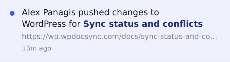 The sync status line above the Push button showing when the post was edited on WordPress and when it was last synced