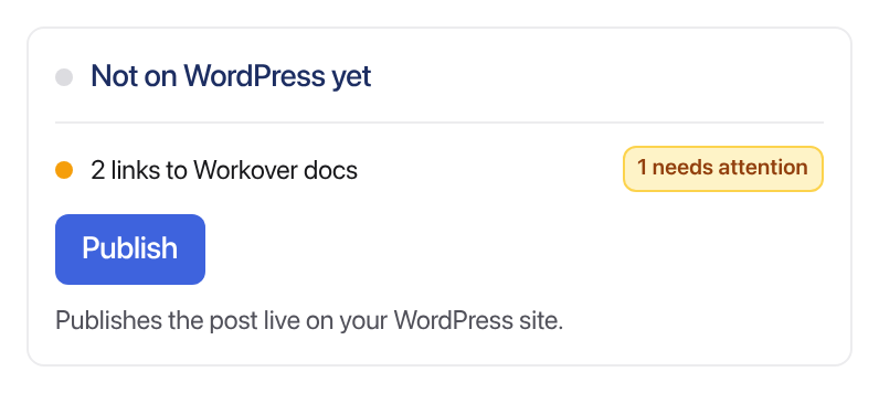 The WordPress panel counting 2 links to Workover docs, 1 of which needs attention