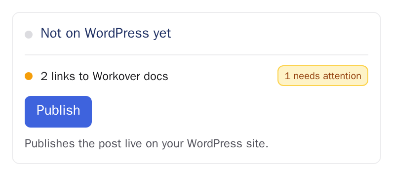 The WP tab counting 2 links to Workover docs, 1 of which needs attention