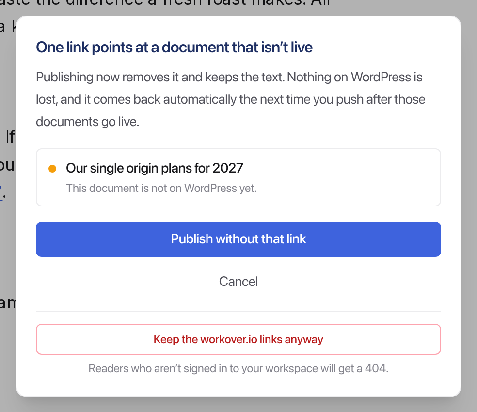 The dialog listing the held link and why, with Publish without that link, Cancel and Keep the workover.io links anyway