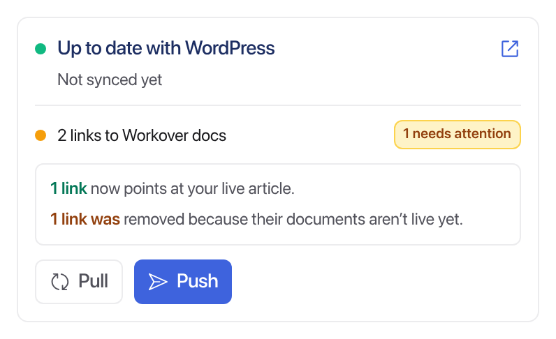 The receipt after a push: 1 link now points at your live article, 1 link was removed