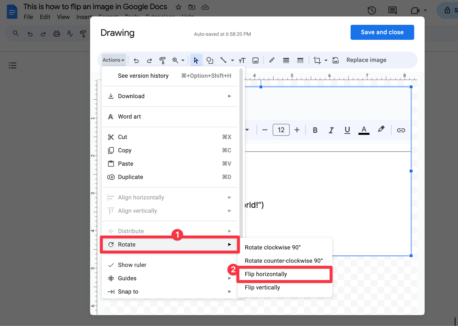 Drawing window with the Actions menu open, Rotate highlighted as step 1 and Flip horizontally highlighted as step 2 in its submenu, which also lists Rotate clockwise 90°, Rotate counter-clockwise 90° and Flip vertically