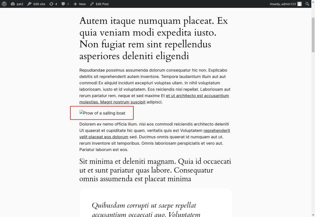 A WordPress post where an image has failed to load, with the alt text "Prow of a sailing boat" shown in its place, outlined in red