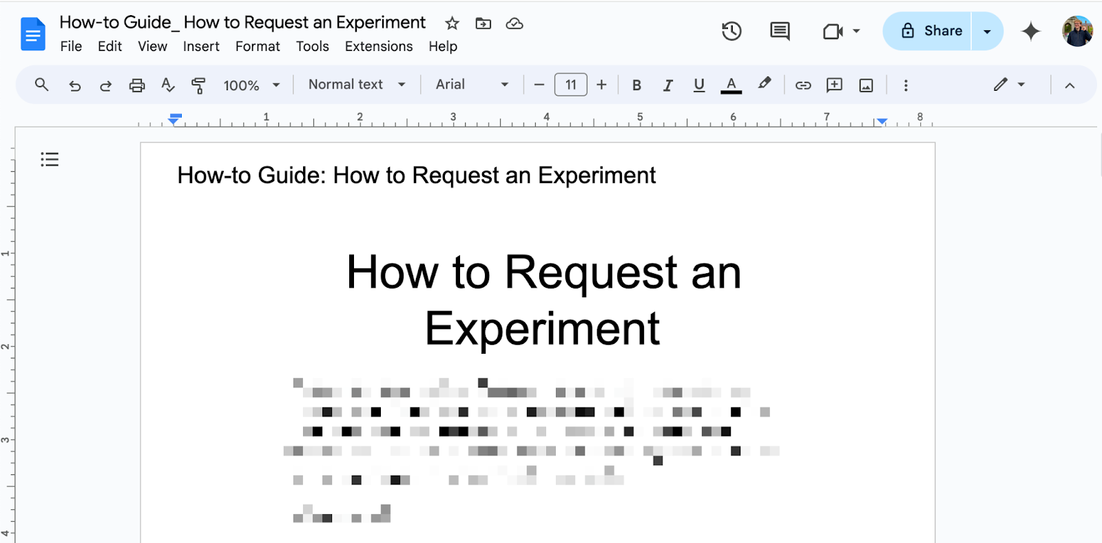 A converted PDF open in the Google Docs editor, showing the document title, toolbar and ruler above an editable page headed How to Request an Experiment, with the body text pixelated
