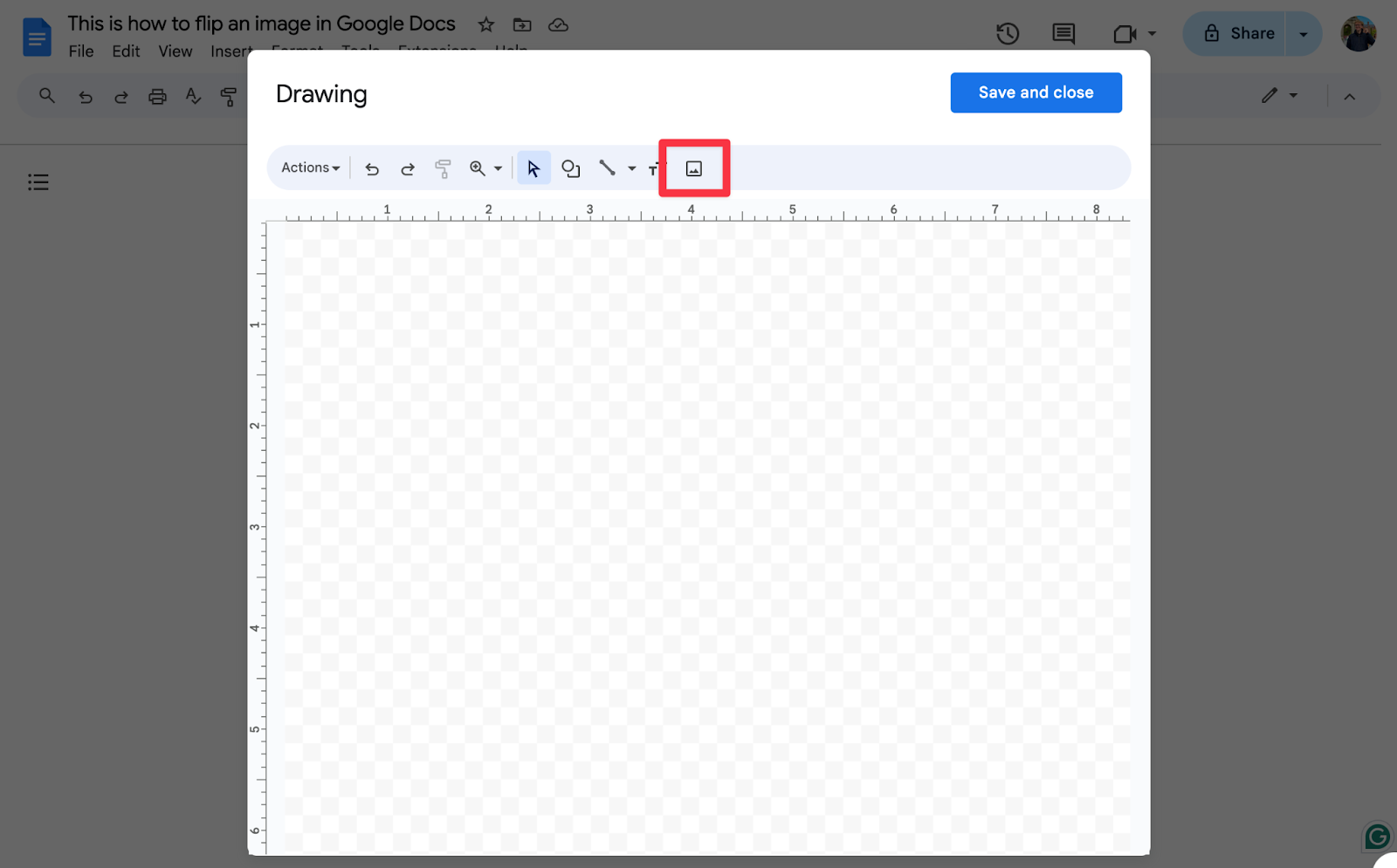 Empty Google Docs Drawing window with the image button highlighted in the toolbar, to the right of the Actions menu and the shape and line tools