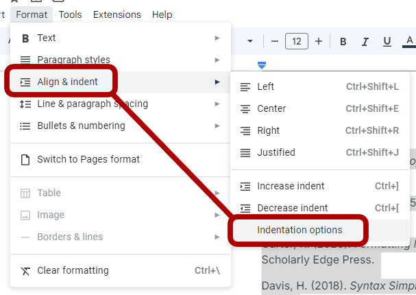 Google Docs Format menu open with Align & indent highlighted and its submenu showing Indentation options highlighted at the bottom