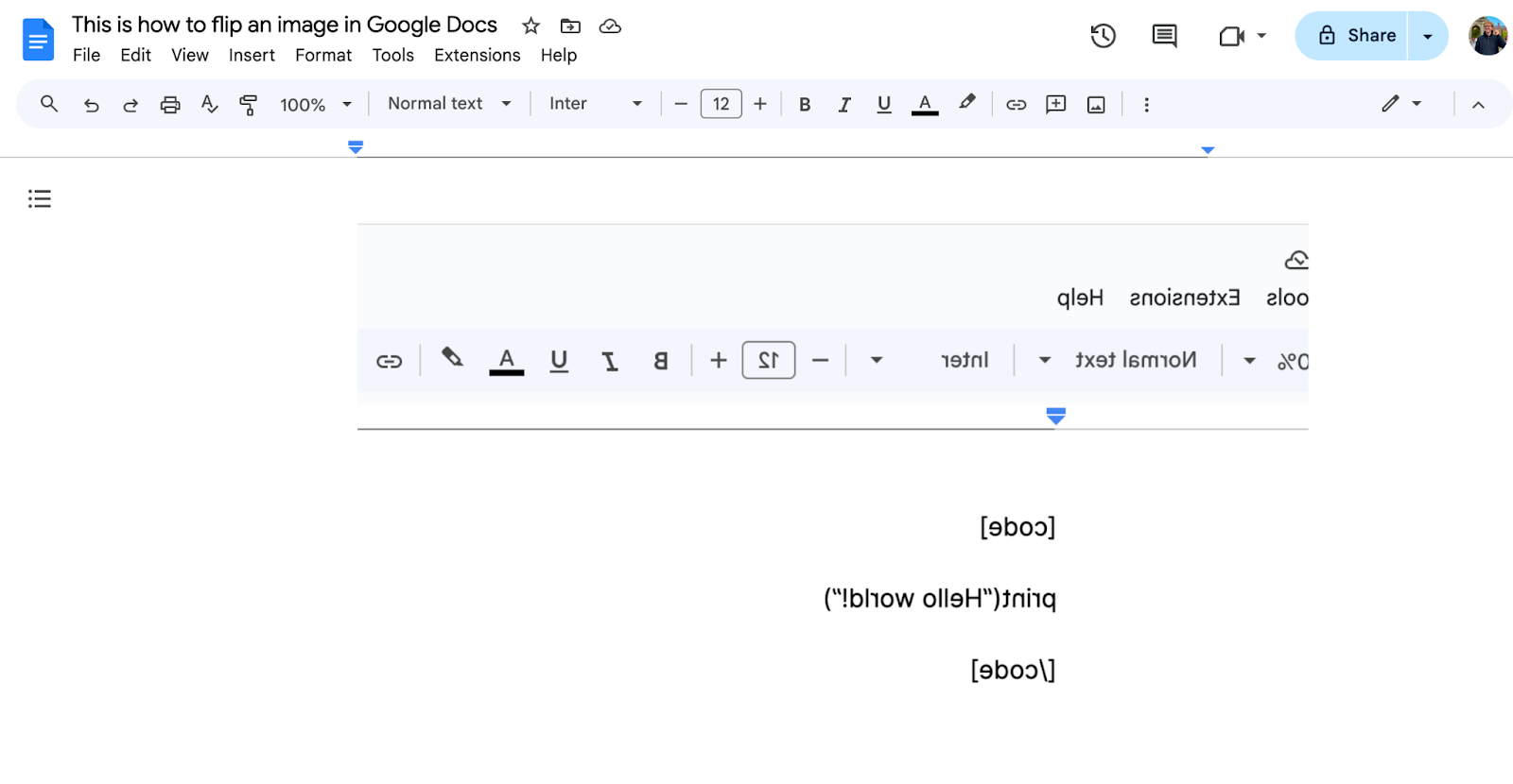 Google Docs document showing the mirrored image inserted on the page, with its text reading backwards