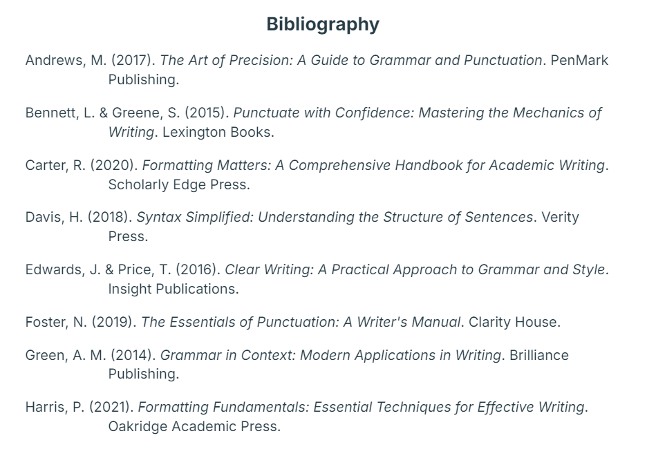 A bibliography formatted with hanging indents: each entry's first line, starting with the author's surname, sits at the left margin and any following lines are indented