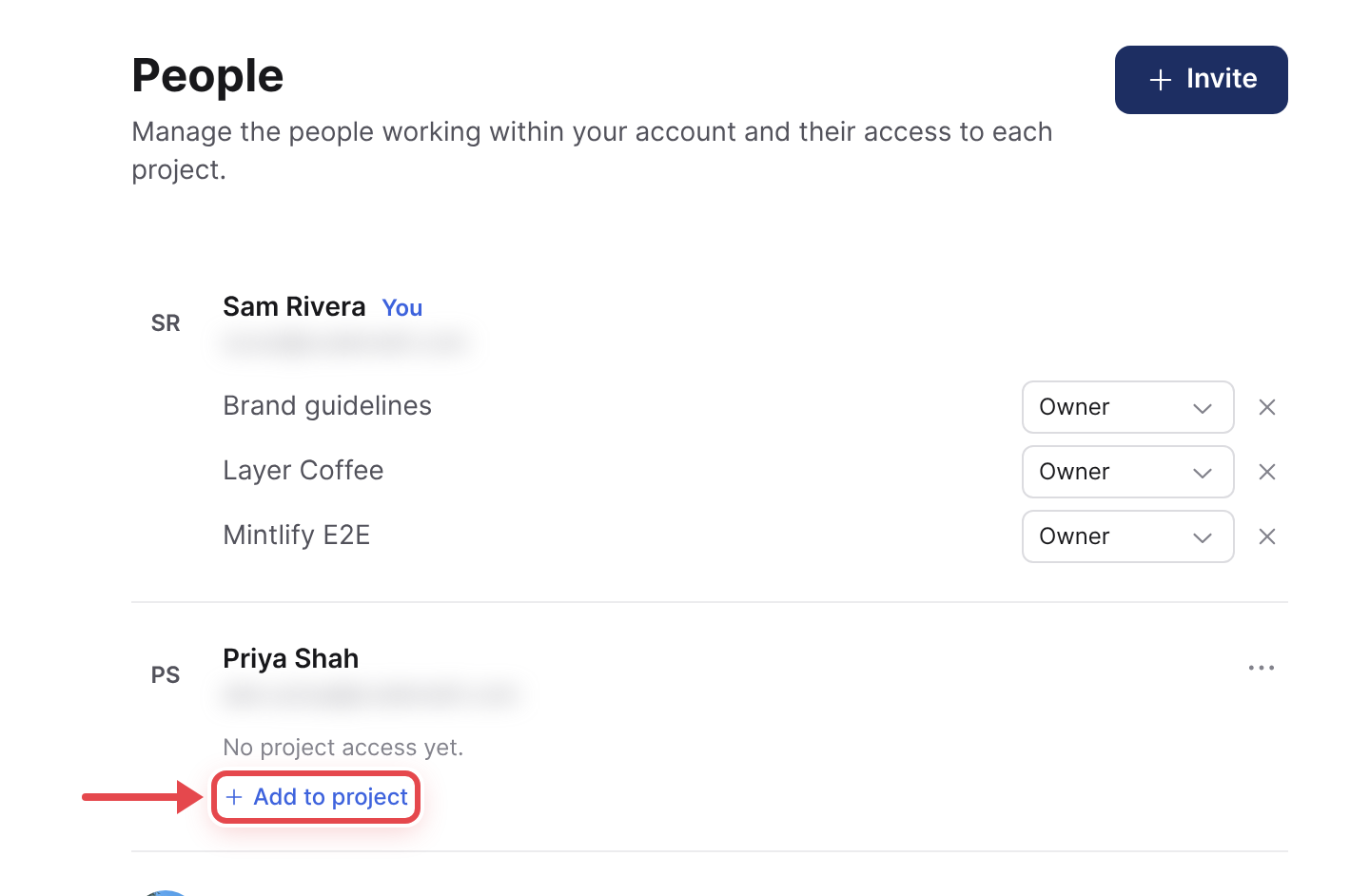 A person's row on the People page showing the Add to project control