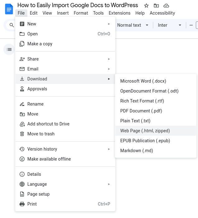 Google Docs File menu with Download expanded, showing export formats including Microsoft Word (.docx), PDF Document (.pdf) and Web Page (.html, zipped), which is highlighted