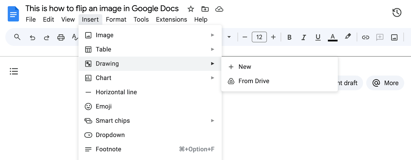Google Docs Insert menu with Drawing highlighted and its submenu showing New and From Drive