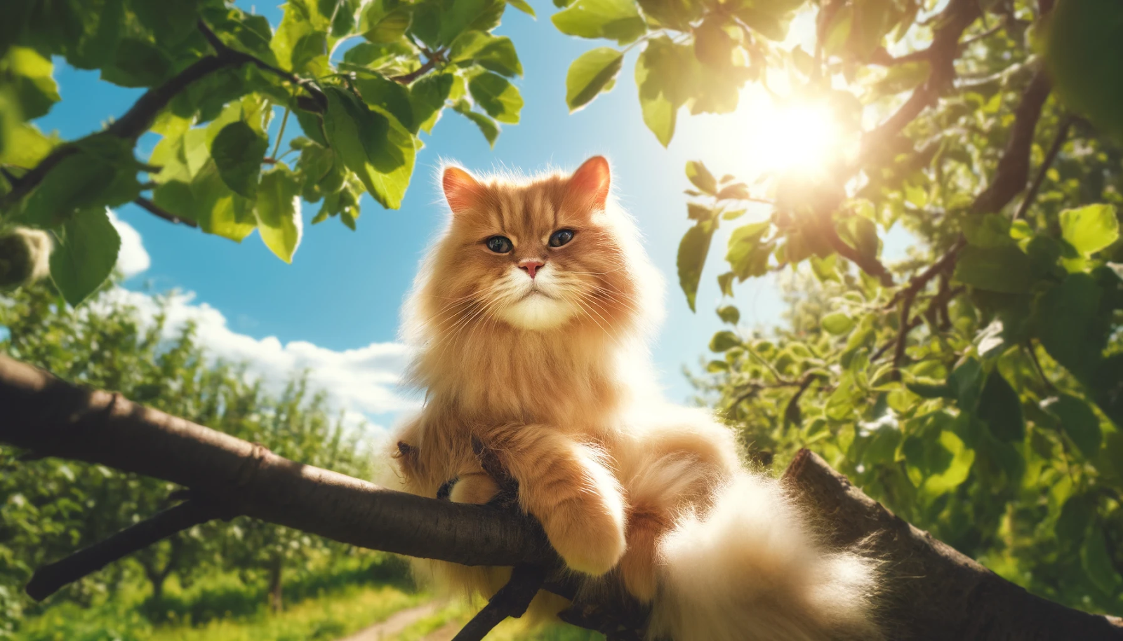 A fluffy orange cat sitting on a tree branch on a sunny day, framed by green leaves