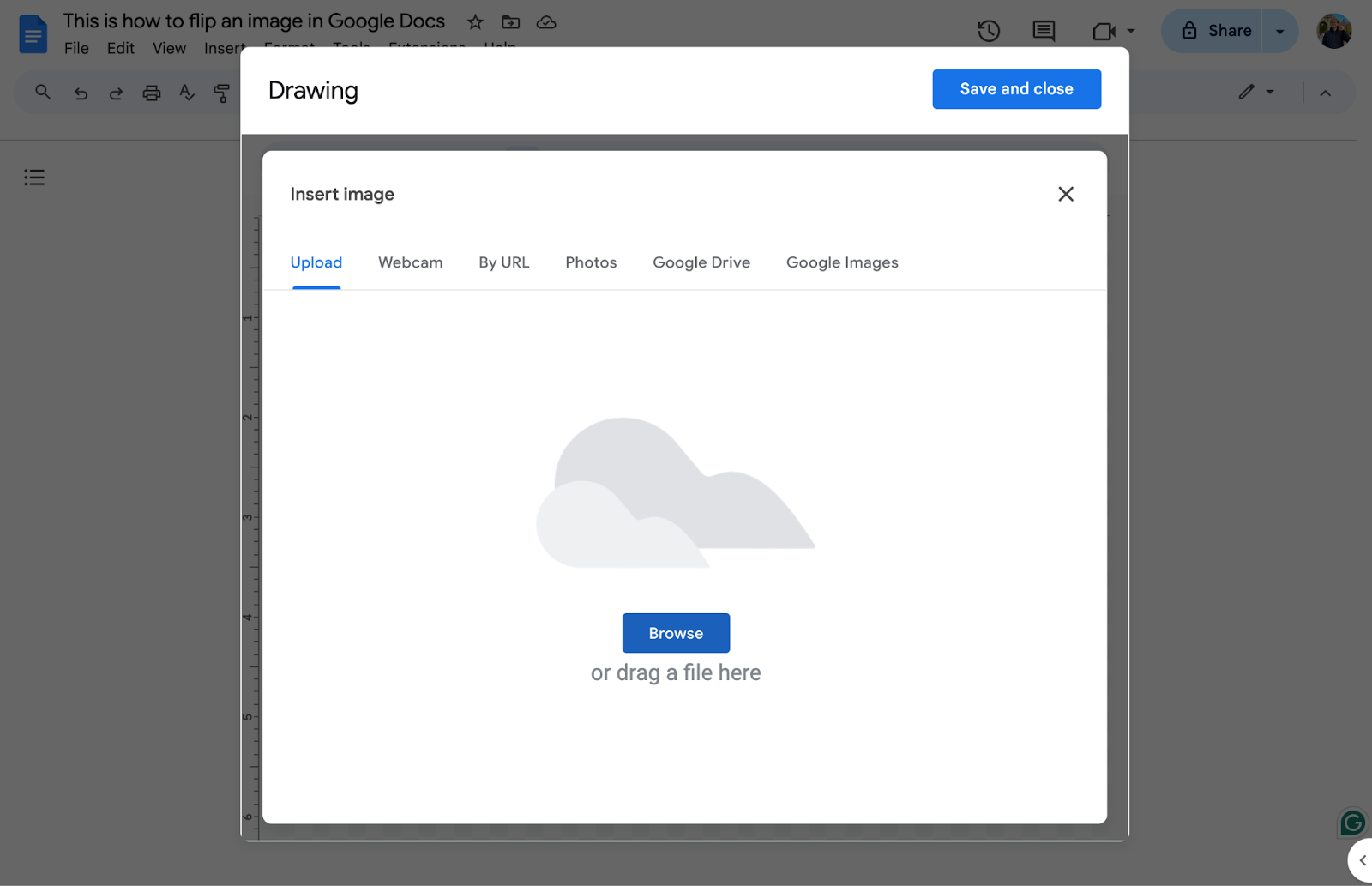 Insert image dialog inside the Drawing window, with tabs for Upload, Webcam, By URL, Photos, Google Drive and Google Images, and a Browse button on the Upload tab