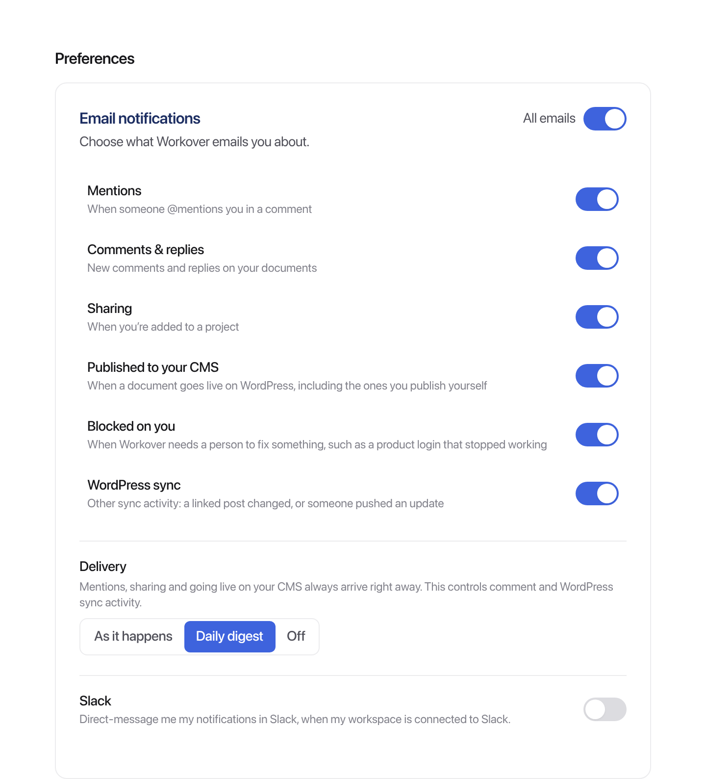 Email notifications settings with the Blocked on you toggle, which emails you when a product login stops working