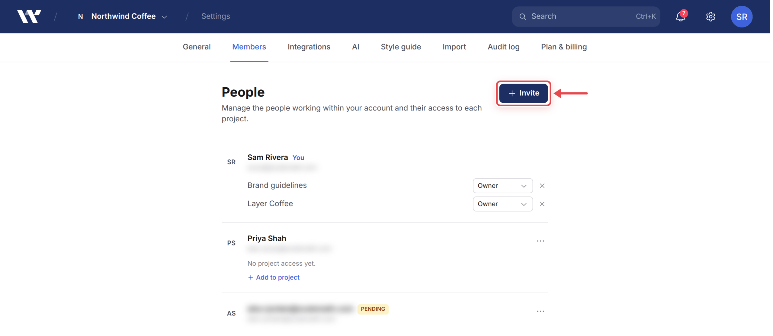 The People page in workspace settings, showing the member list and the Invite button