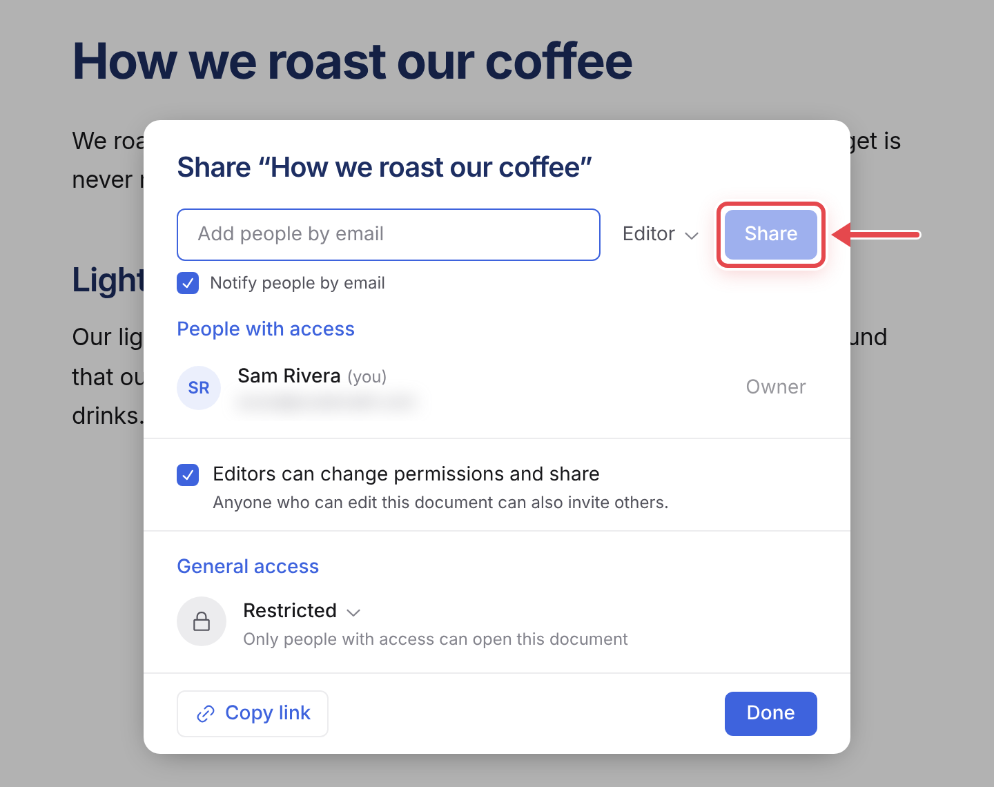 Share “How we roast our coffee”, with Share marked