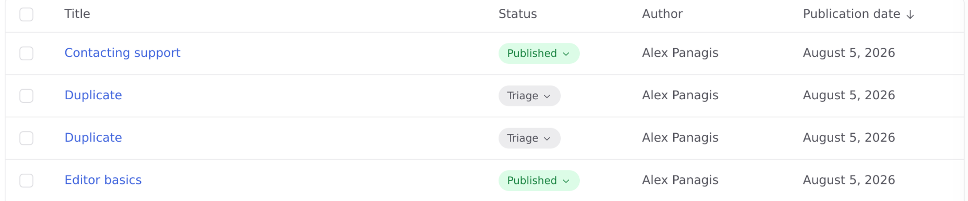The Documents list showing the Title, Status, Author and Publication date columns