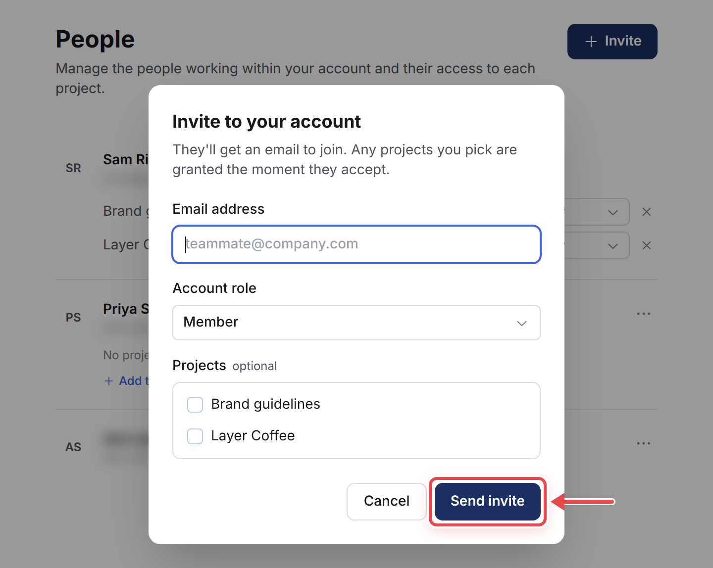 The invite dialog: email address field, account role choice, optional project list and Send invite button