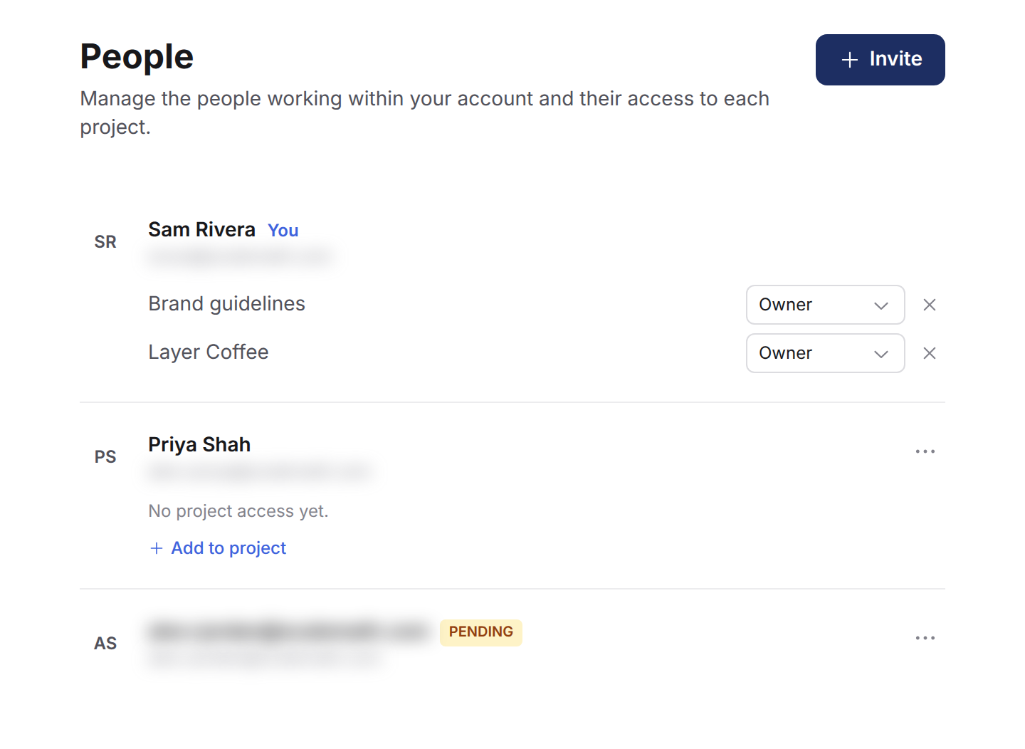 A pending invitee's row on the People page, marked Pending