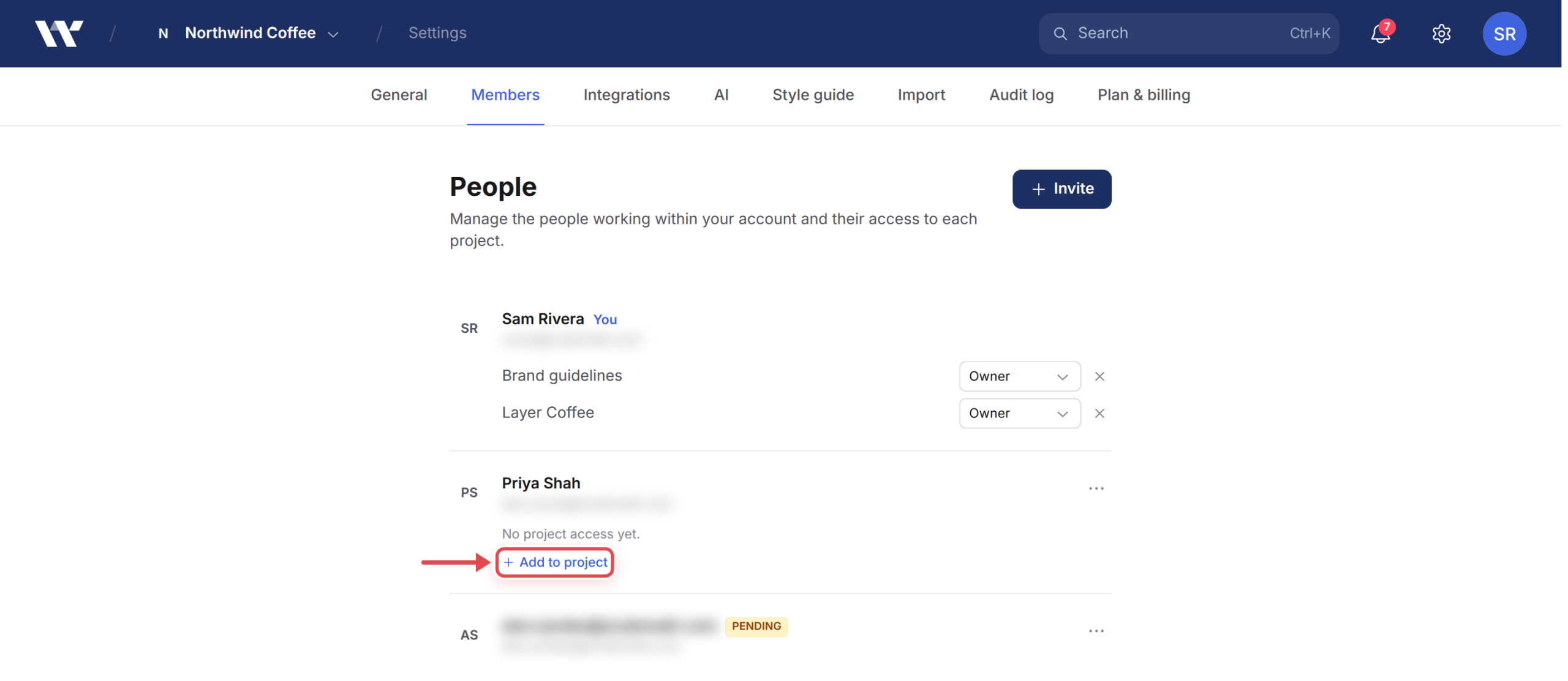 A person's row on the People page showing the Add to project control