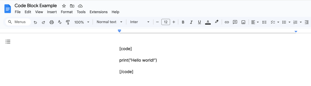 Google Doc with the code and /code tags on their own lines around a line of code