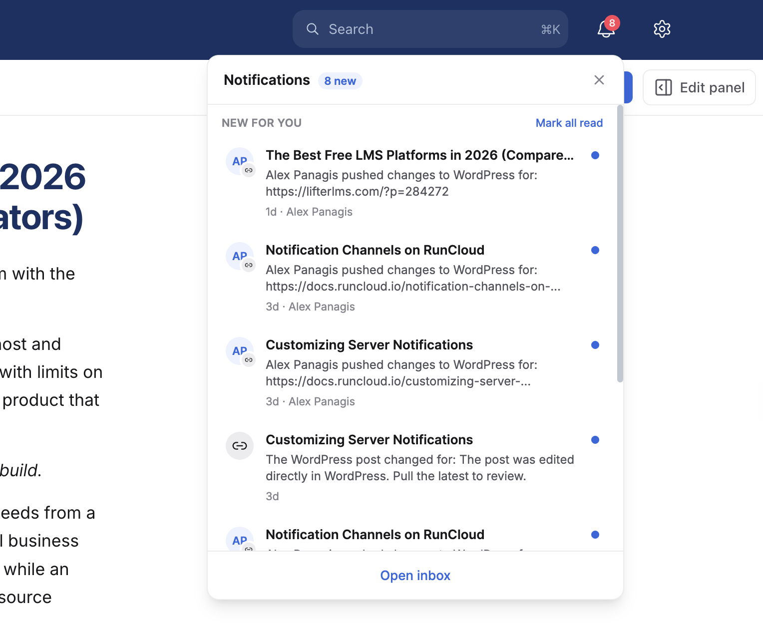 The notifications panel open from the bell, showing New for you, Previous notifications, Mark all read and Open inbox