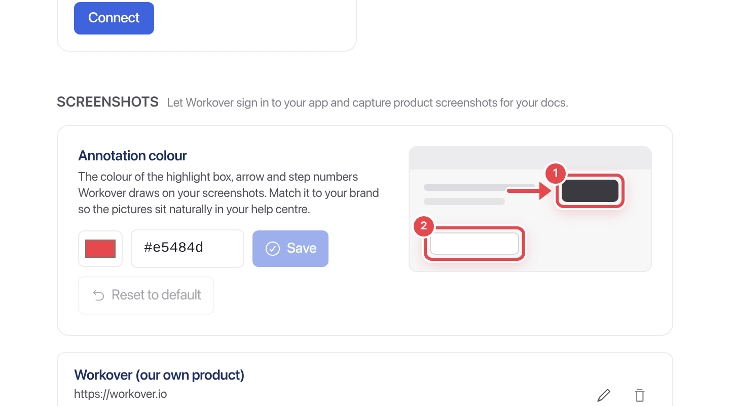 The Annotation colour setting under Settings, Integrations, Screenshots, with a preview of an annotated screenshot