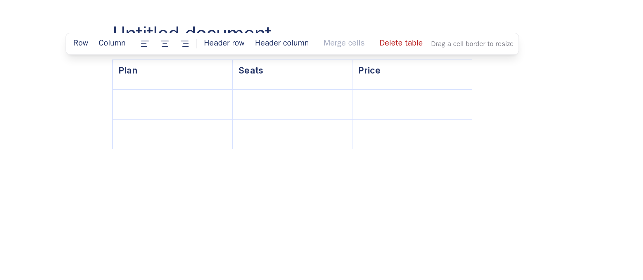 A table in the editor with its toolbar above it, offering Row, Column, Header row, Header column, Merge cells and Delete table