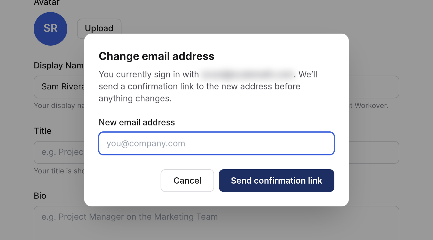 The Change email address dialog opened from the Change Email button