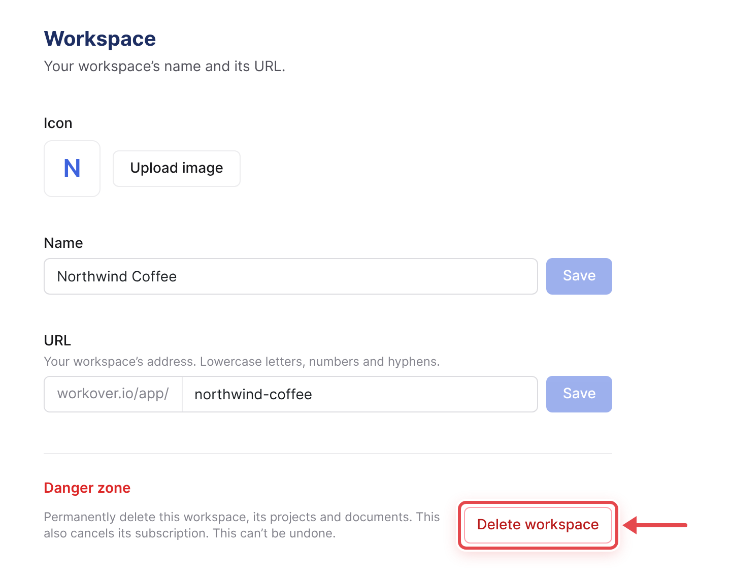 The Danger zone section of workspace settings with the Delete workspace button