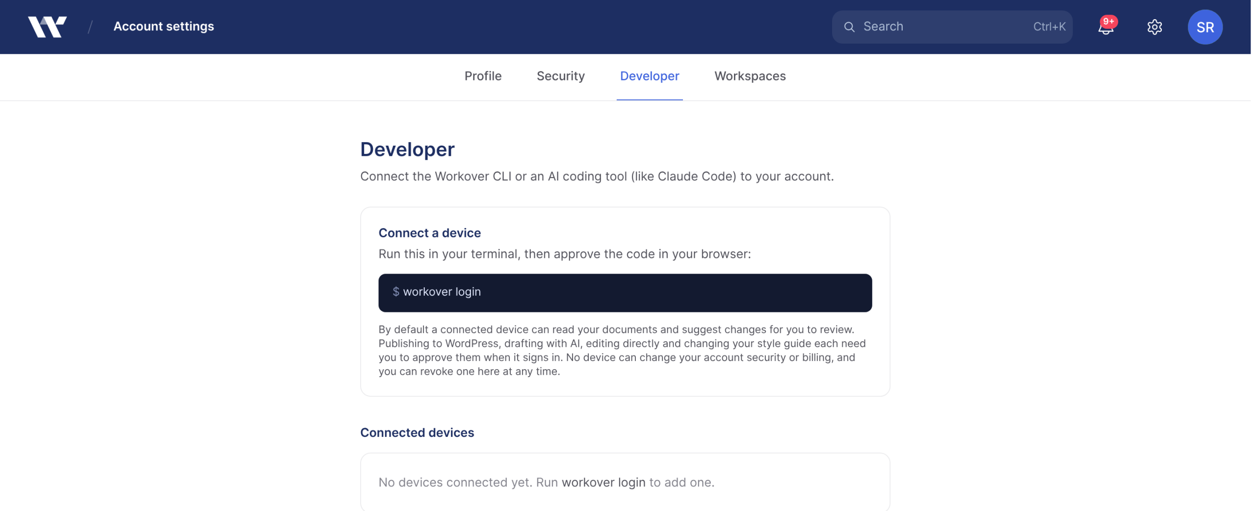 The Developer settings screen showing the Connect a device section and Connected devices list, where CLI tokens appear