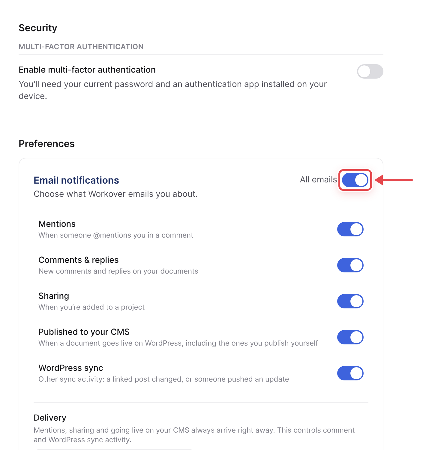 The Email notifications panel showing All emails and the Mentions, Comments & replies, Sharing, Published to your CMS and WordPress sync toggles