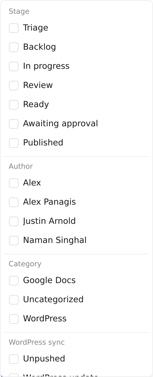 The Filter menu's WordPress sync section with Unpushed, WordPress update, and In sync options