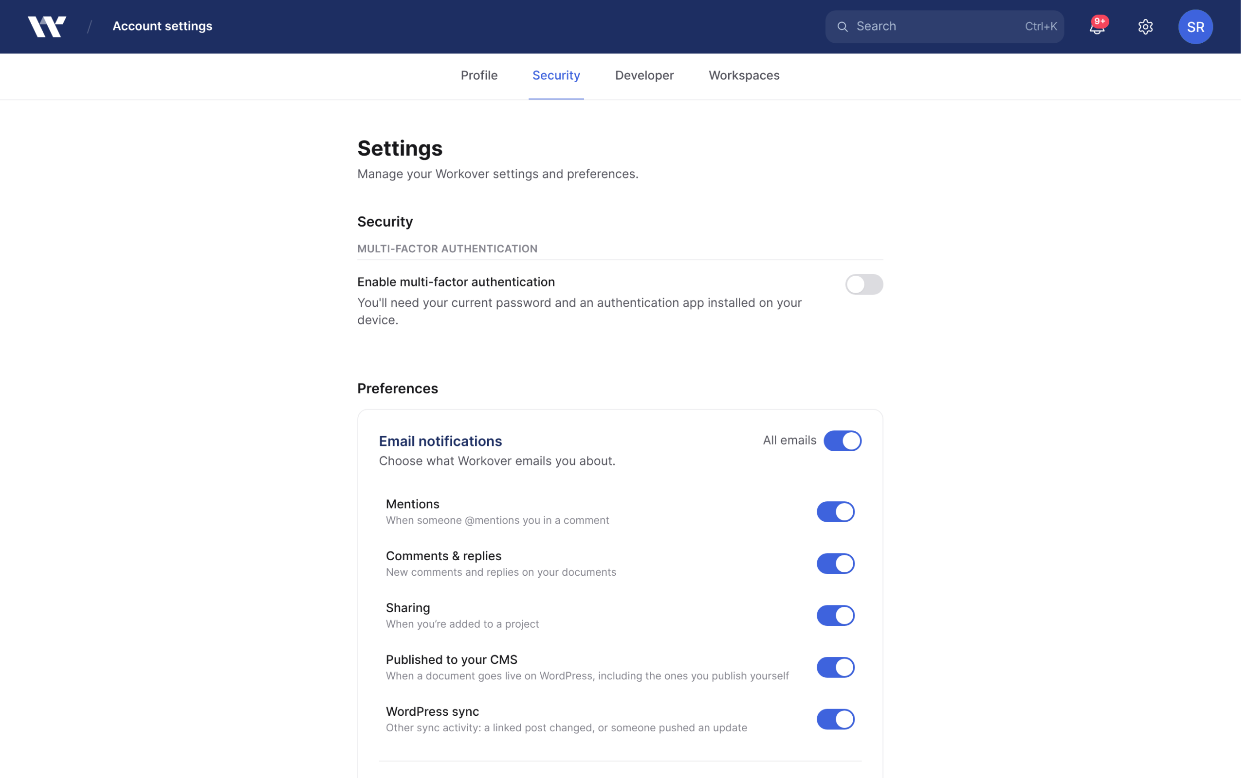 The full settings page showing where the Security tab and MFA section live
