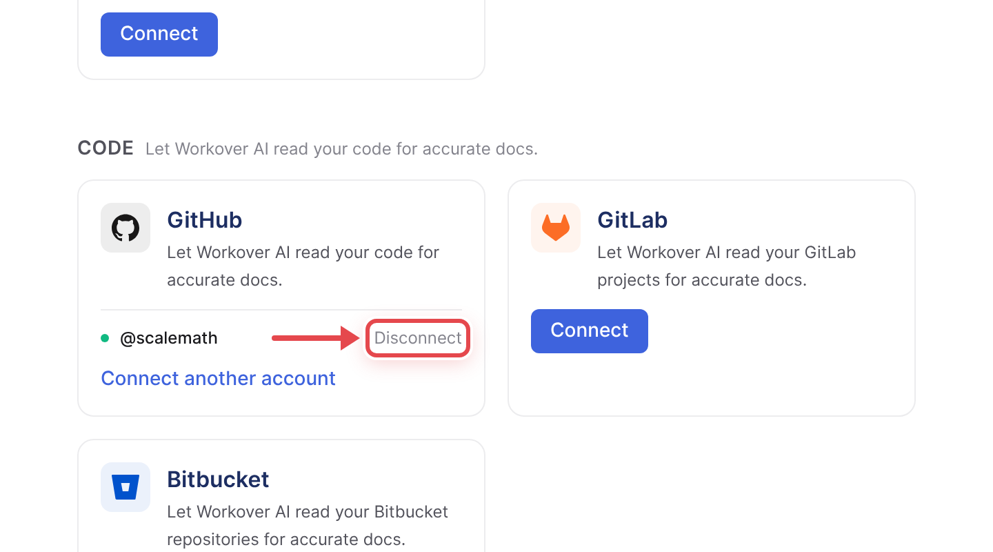 The Integrations page with the Disconnect action on a connected code host card