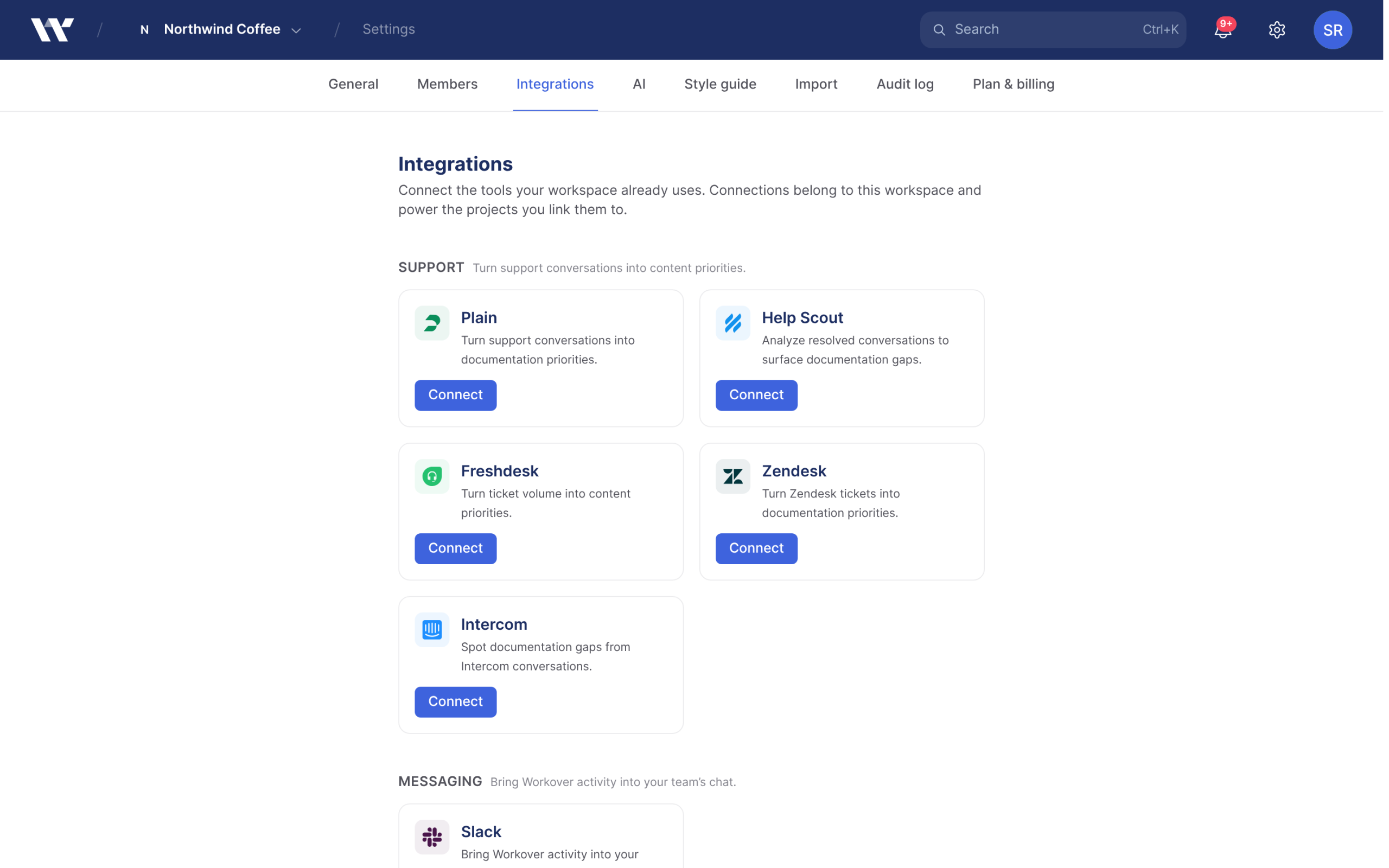 The Integrations settings screen with the Support section showing Plain, Freshdesk, Zendesk and Intercom cards