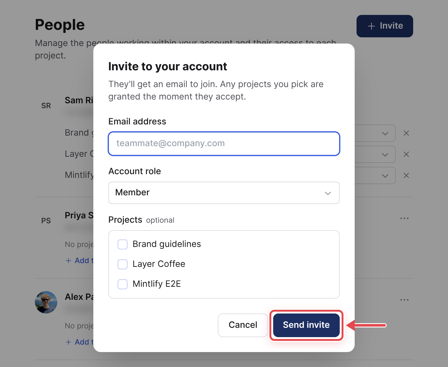 The Invite to your account dialog with email, account role and project choices