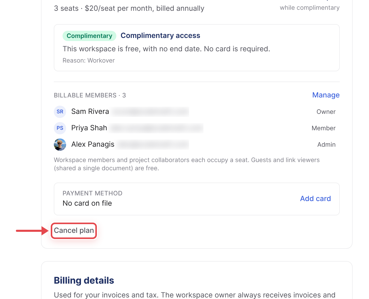 The payment method section showing the small, muted Cancel plan link
