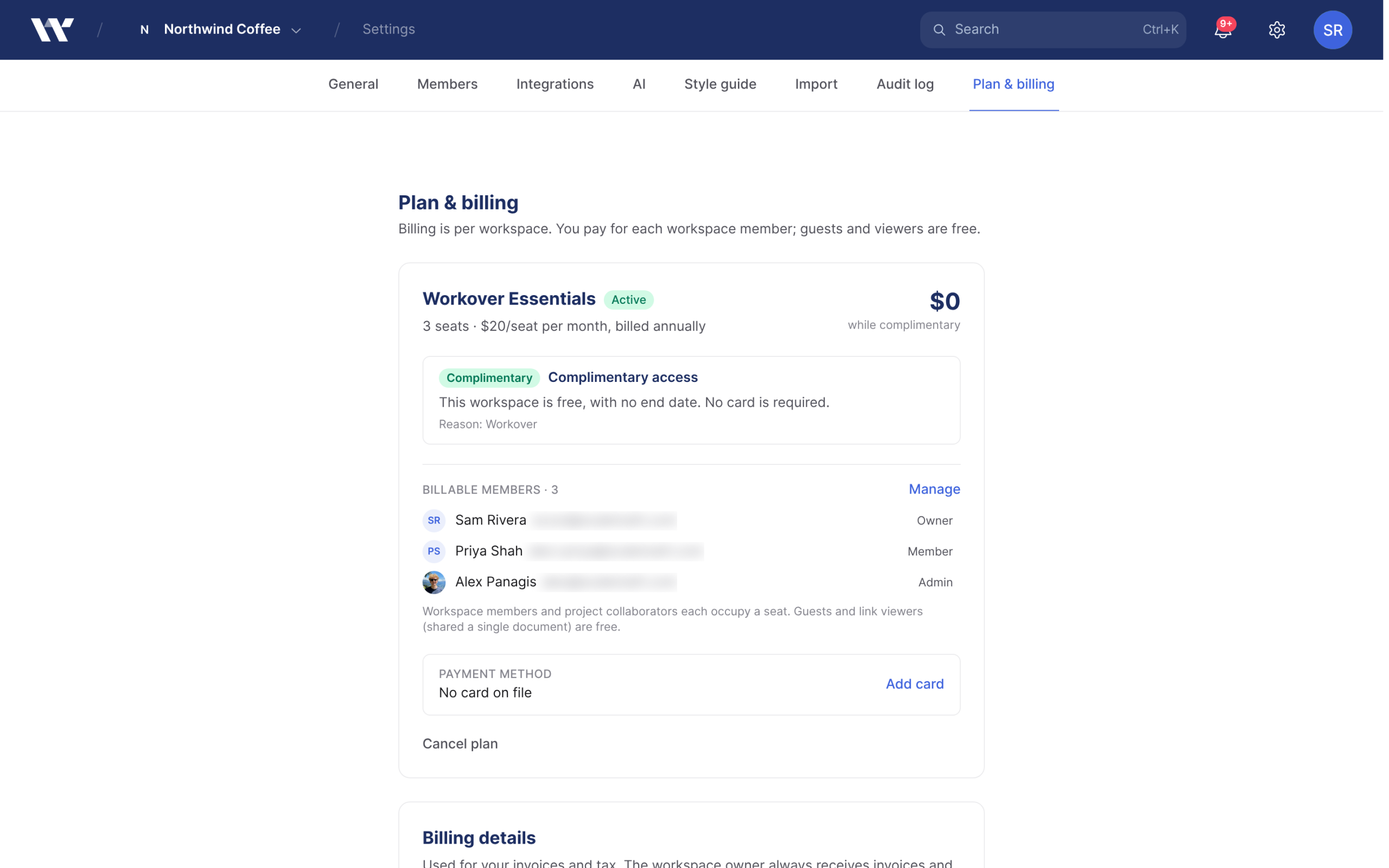 The Plan & billing page with the Billable members list